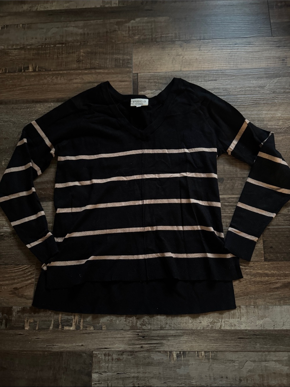 Studio B by bobeau Black V-Neck Sweater with Tan Stripes